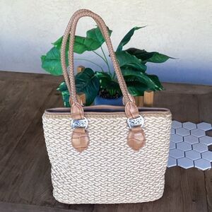Brighton Eva Straw Tote Purse Leather Handles Shoulder Bag Sand-Pearl